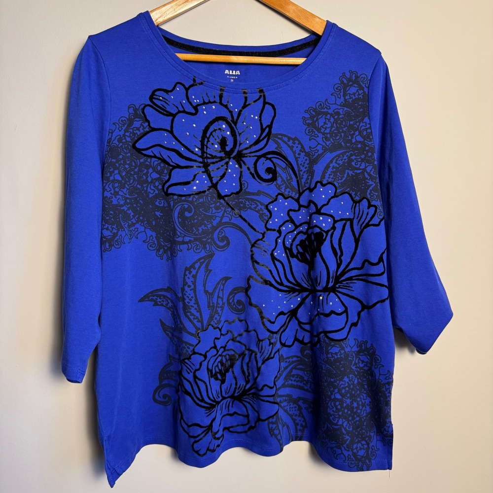 ALIA Women 3/4 Sleeve Dark Floral Rhinestone Top Shirt‎ 2X Velvet Accent Chic